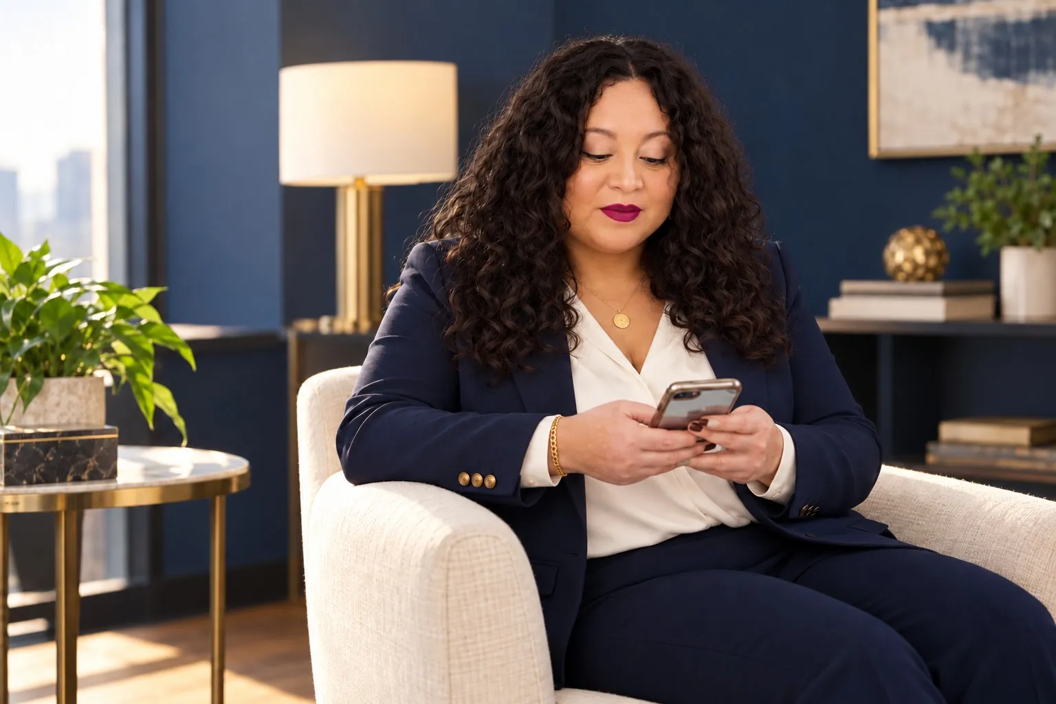 Carolina Jeneral sentada en un sillón, revisando su teléfono.